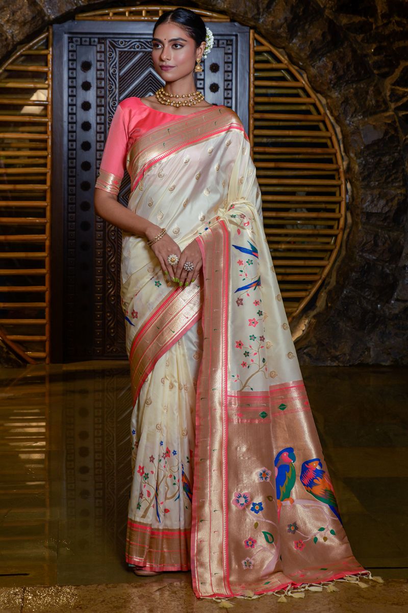 Wonderful Weaving Work Saree In Cream Color