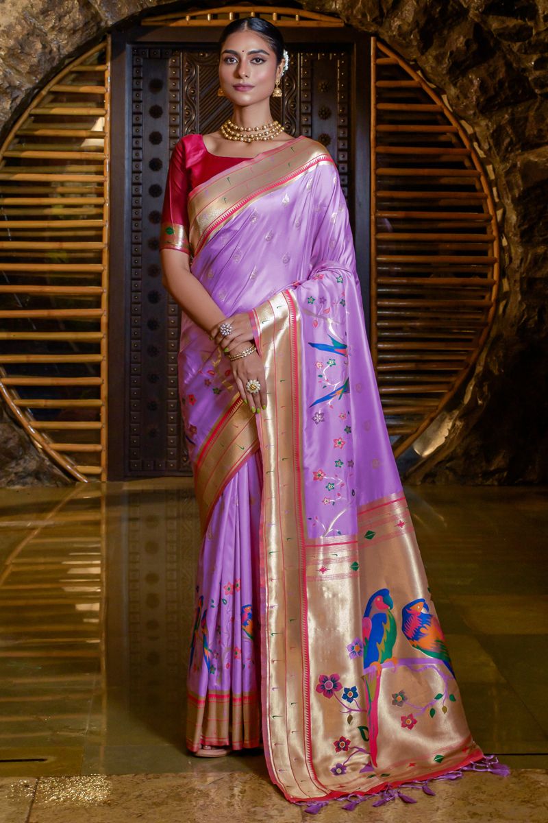 Lavender Color Paithani Silk Weaving Work Saree