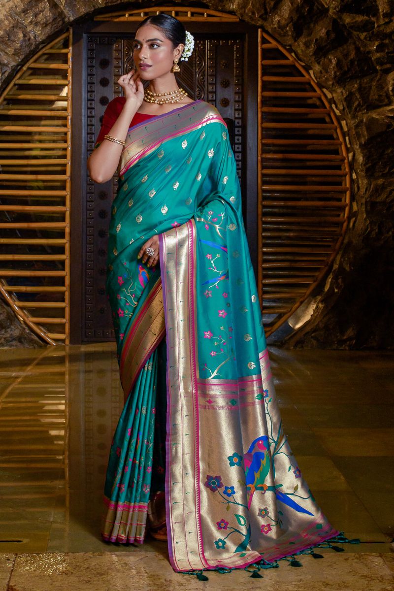 Teal Color Appealing Weaving Work Saree