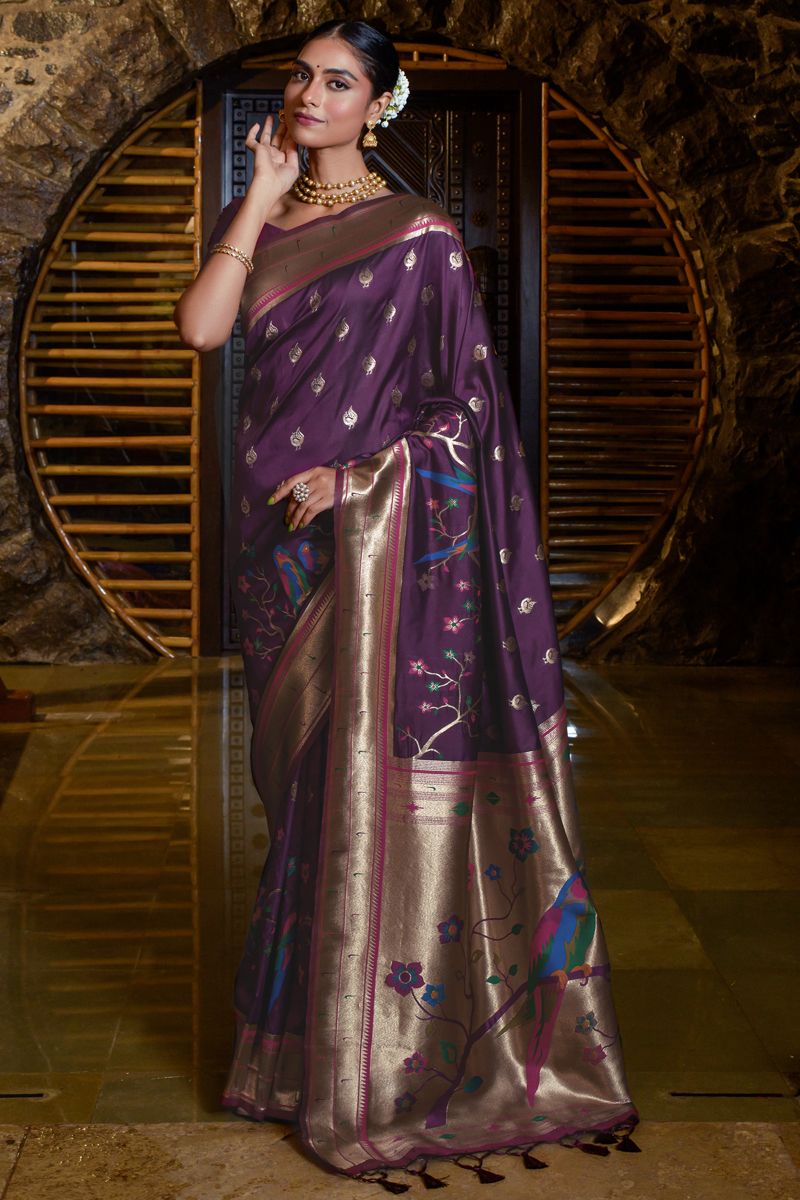 Wine Color Soothing Weaving Work Saree