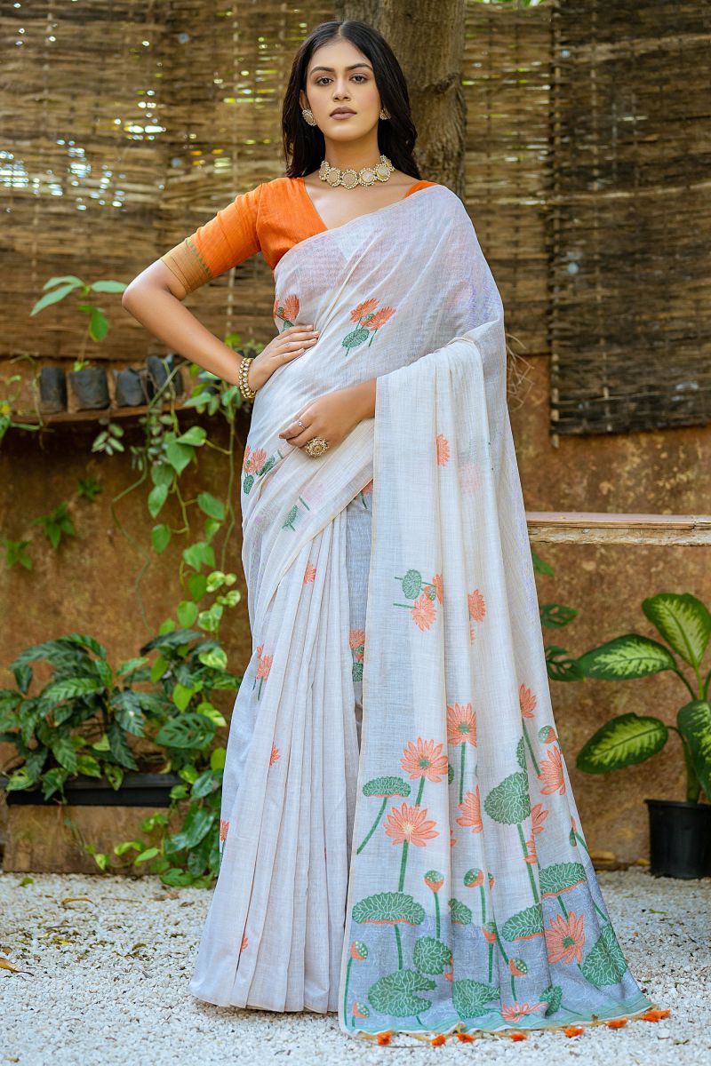 Off White Color Weaving Work Daily Wear Muga Cotton Fabric Saree