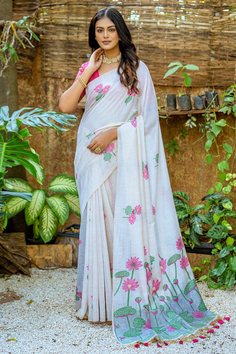 Delightful Off White Weaving Work Muga Cotton Fabric Casual Saree