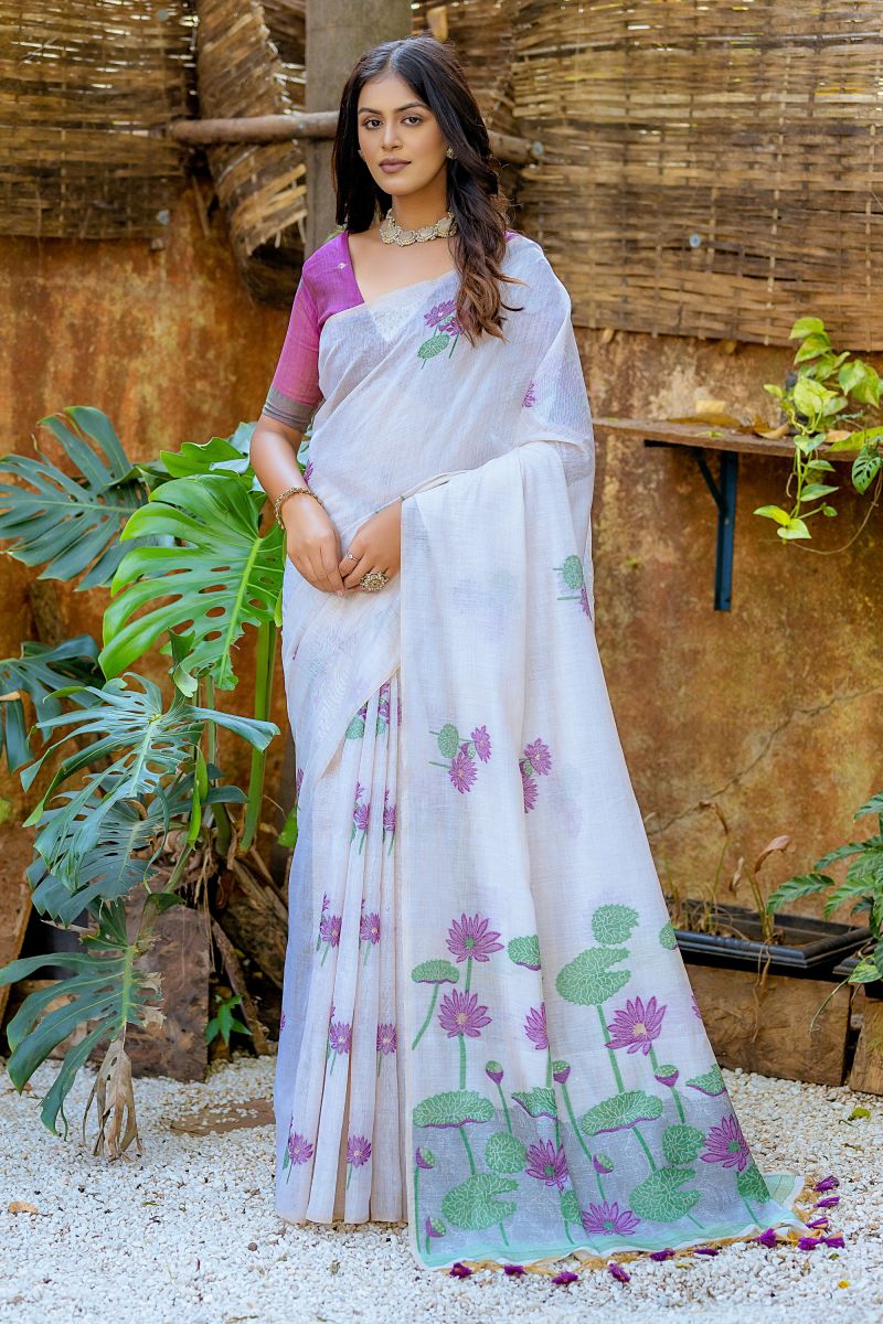 Attractive Off White Weaving Work Muga Cotton Fabric Simple Saree