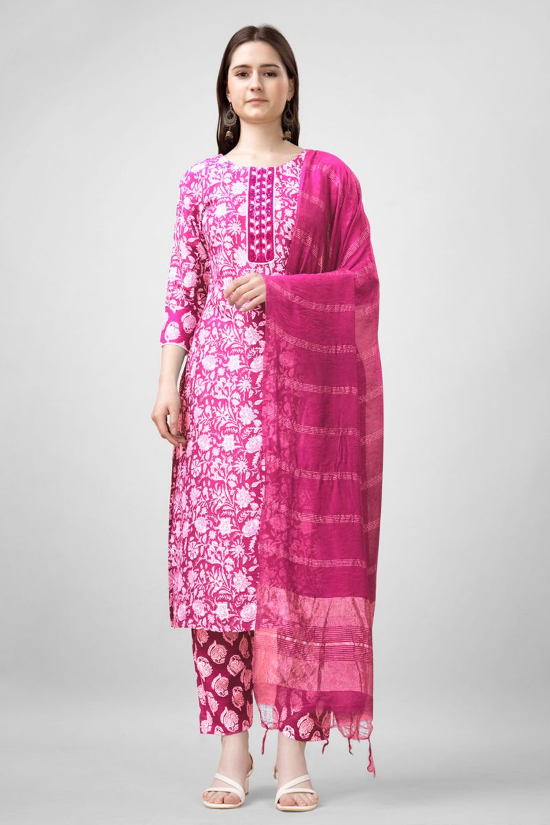 Printed Work On Rayon Fabric Pink Color Readymade Salwar Suit