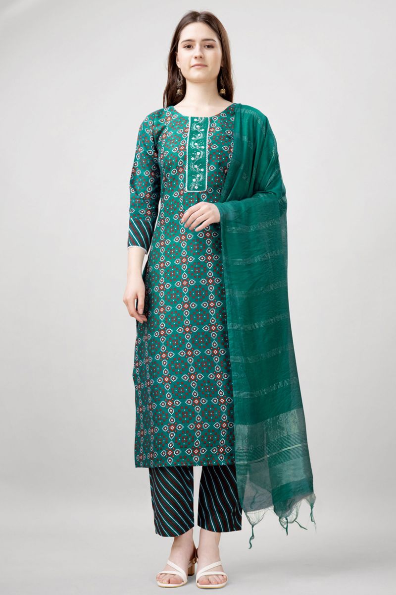 Printed Work On Sea Green Color Readymade Salwar Suit In Rayon Fabric