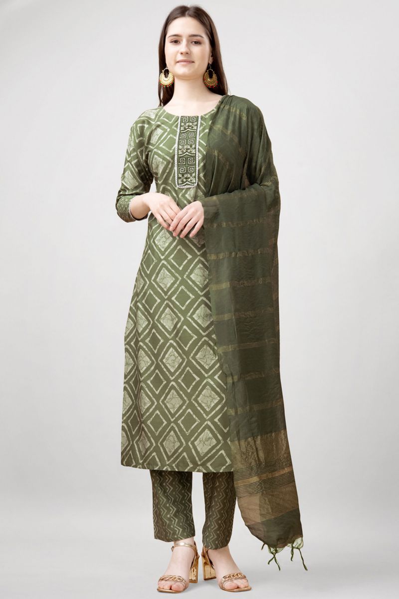 Printed Work On Readymade Salwar Suit In Olive Green Color Rayon Fabric