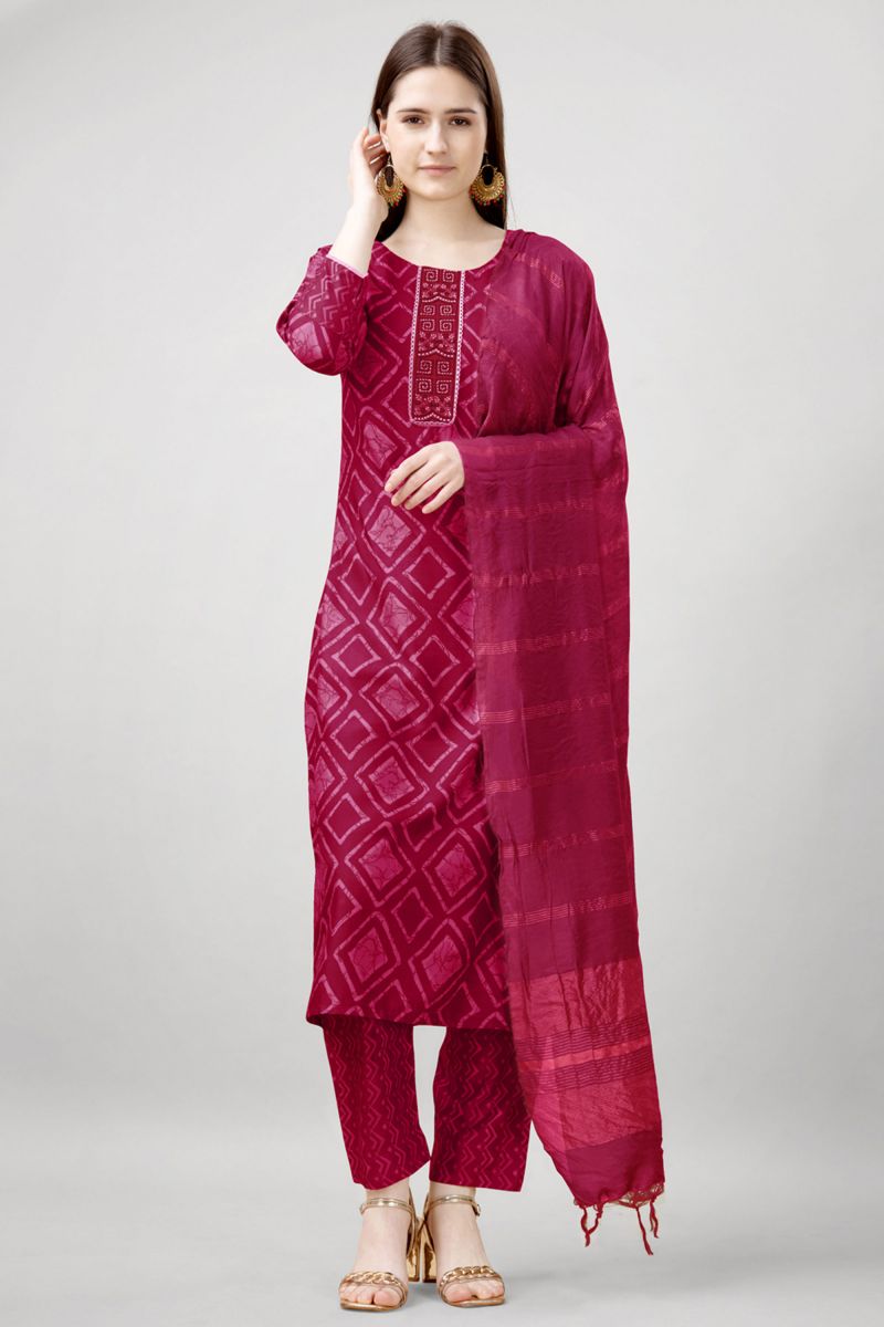 Printed Work On Rayon Fabric Readymade Salwar Suit In Rani Pink Color