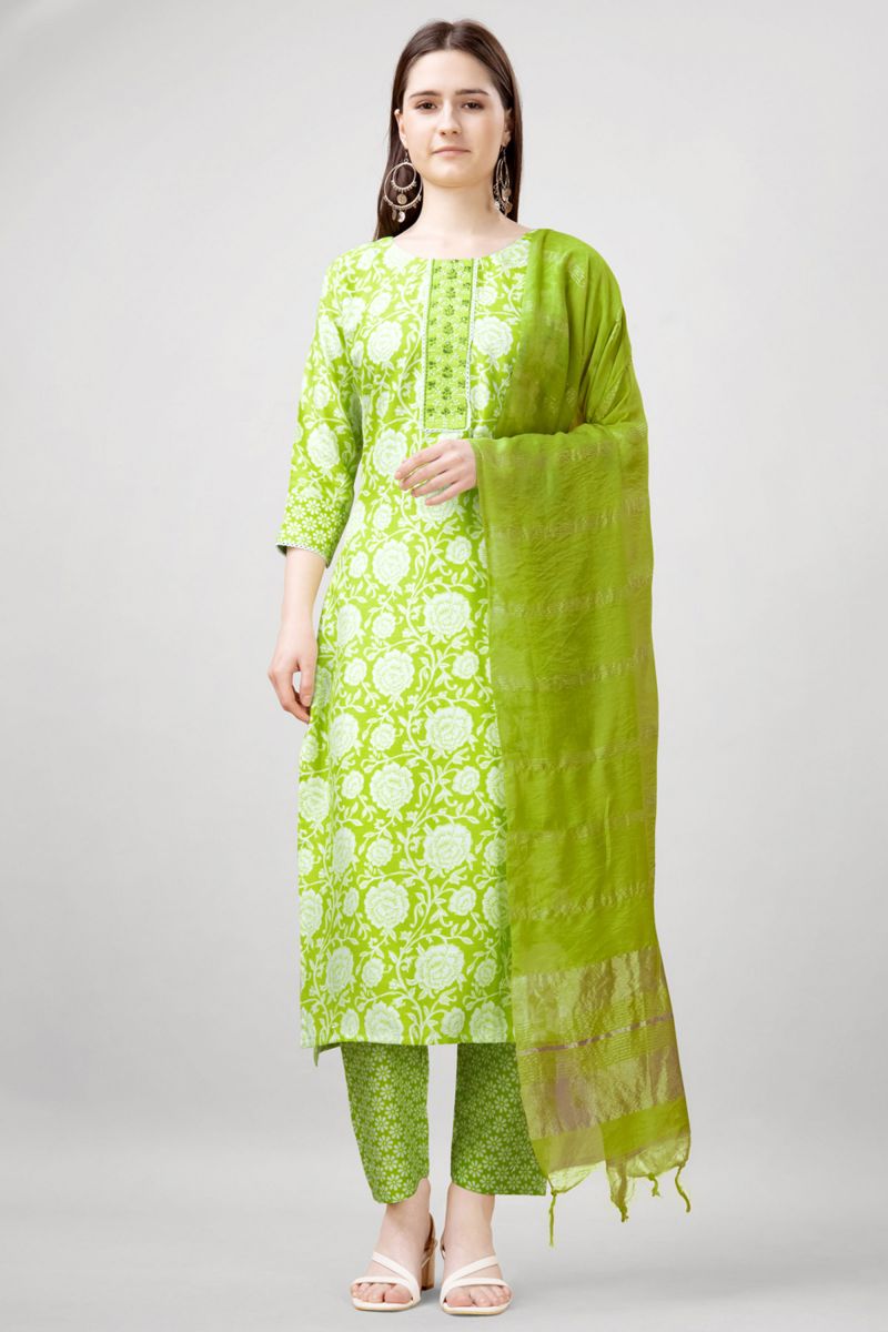 Green Color Rayon Fabric Readymade Salwar Suit With Printed Work