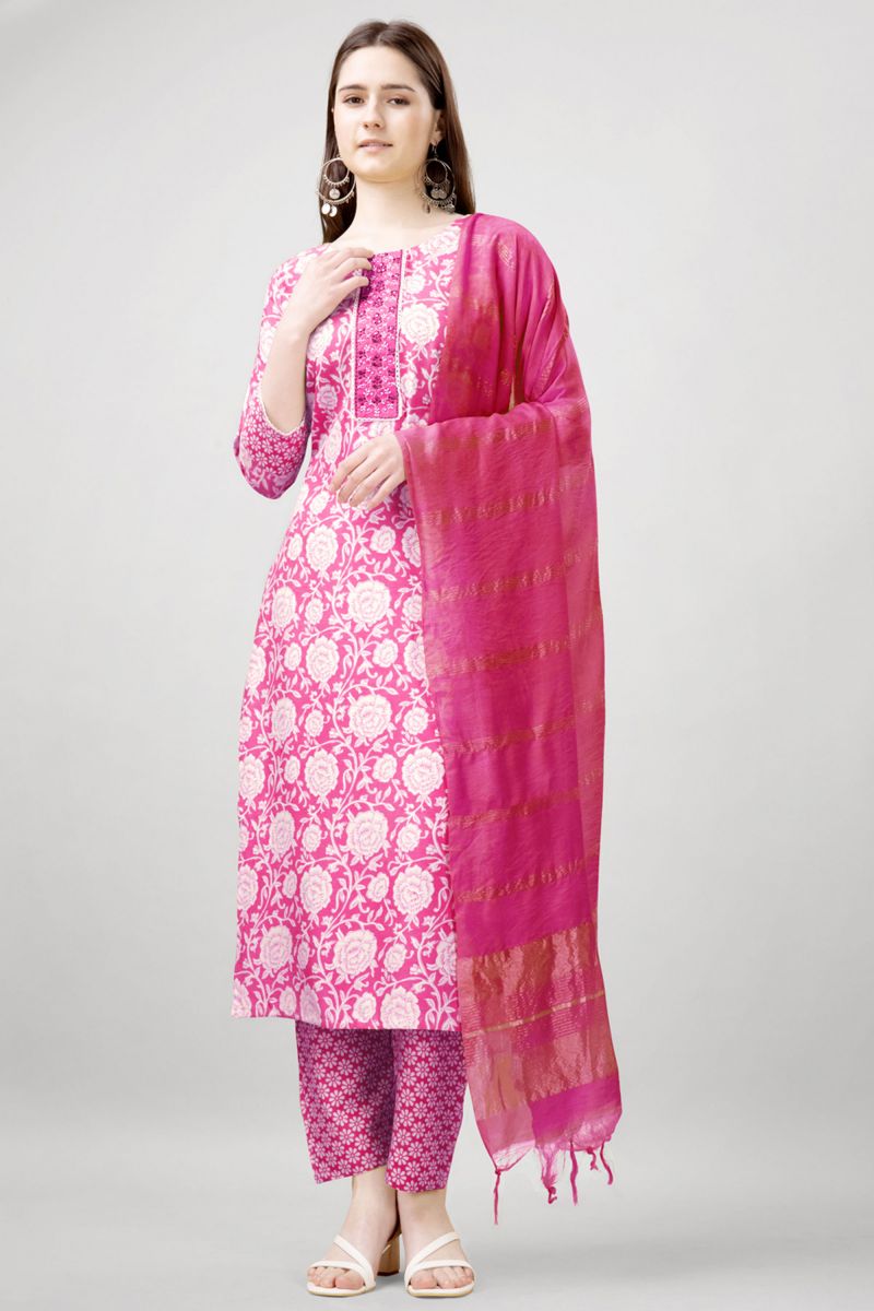 Rayon Fabric Printed Work On Readymade Salwar Suit In Pink Color