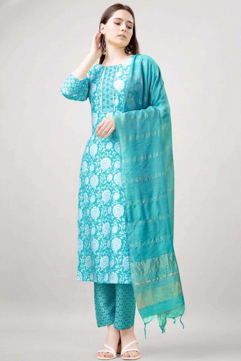 Printed Work Cyan Color Rayon Fabric Beauteous Readymade Salwar Suit