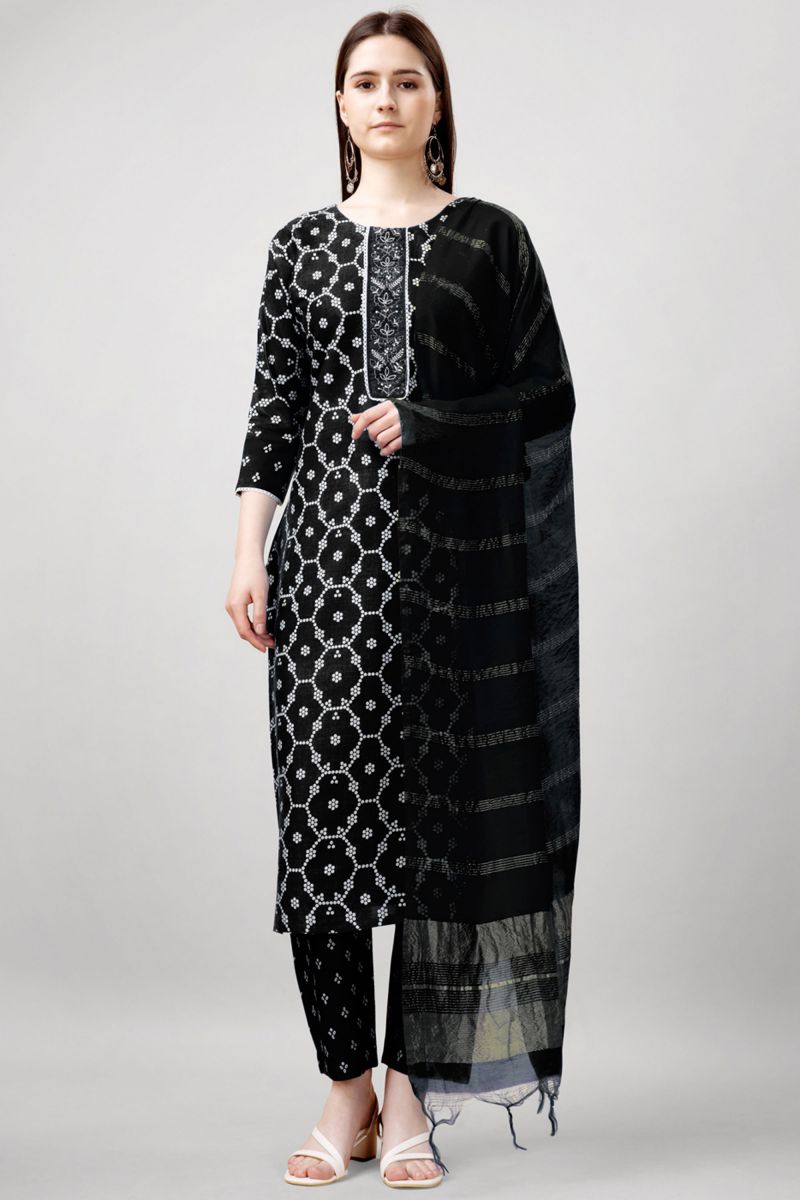 Black Color Rayon Fabric Readymade Salwar Suit With Printed Work