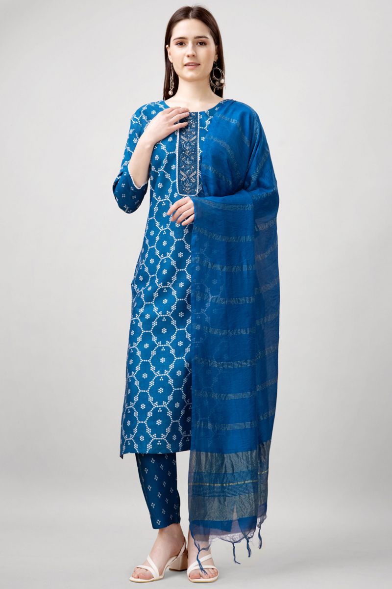 Blue Color Printed Work On Engaging Rayon Fabric Readymade Salwar Suit