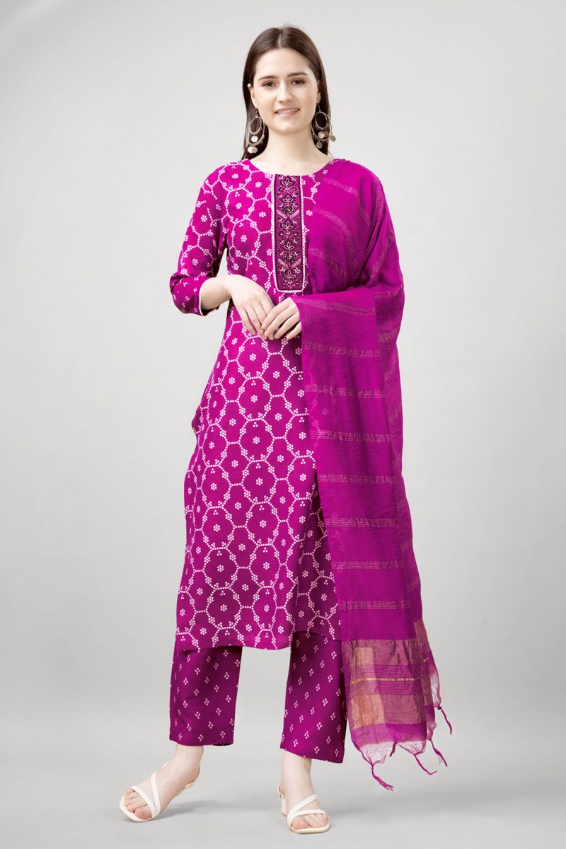 Rayon Fabric Magenta Color Readymade Salwar Suit With Printed Work 