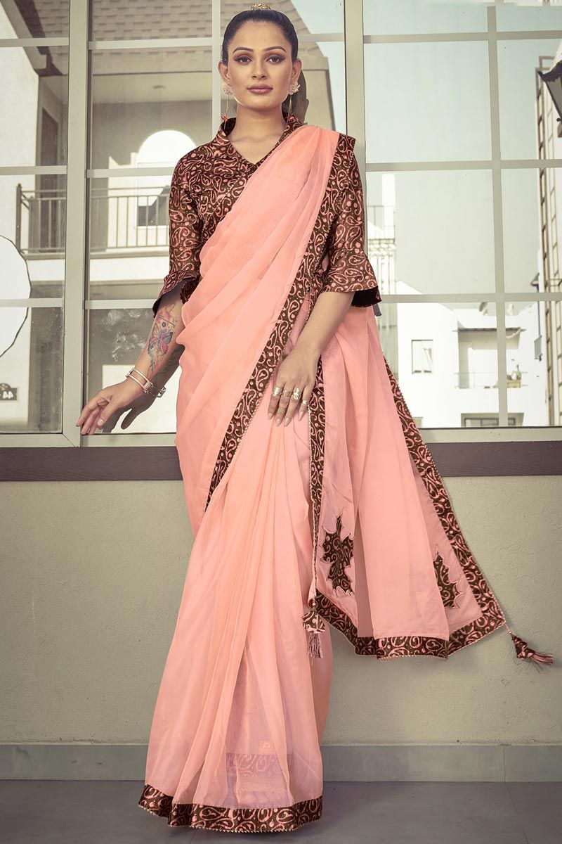 Engaging Peach Color Tissue Fabric Festive Wear Saree