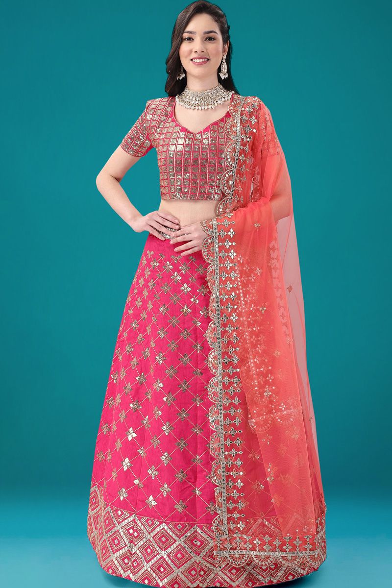 Embellished Sequins Work On Pink Silk Lehenga