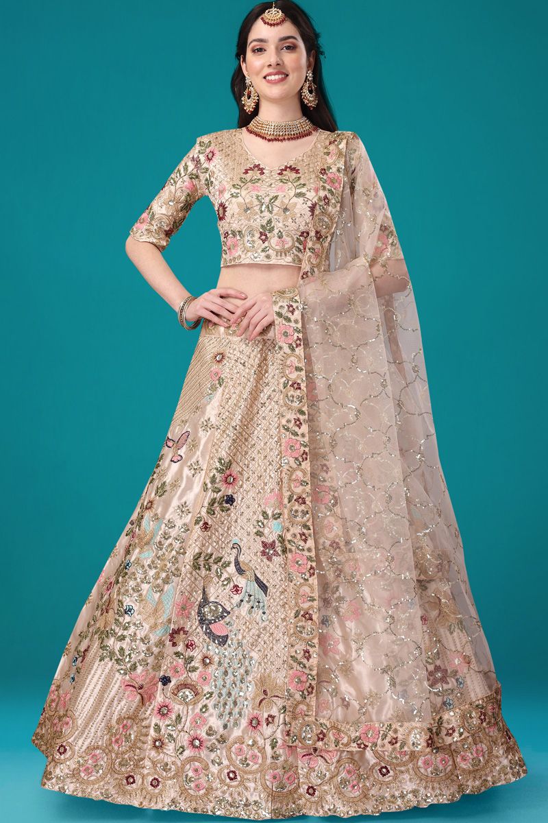 Awesome Sequins Work On Satin Silk Beige Lehenga