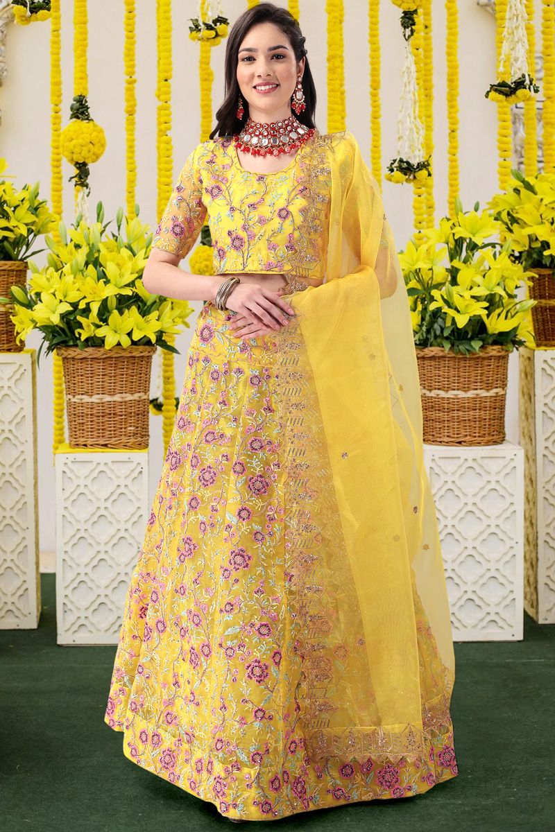Yellow Embroidered Haldi Special Lehenga In Splendid Organza Fabric