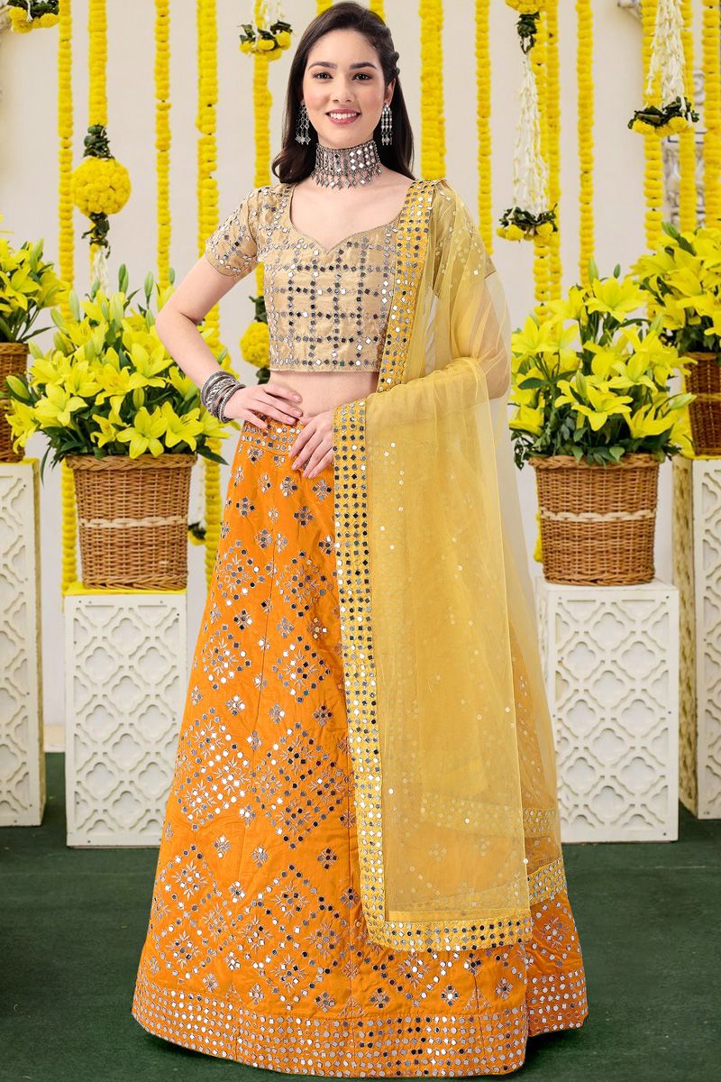 Gleaming Orange Embroidered Haldi Special Lehenga In Satin Silk Fabric