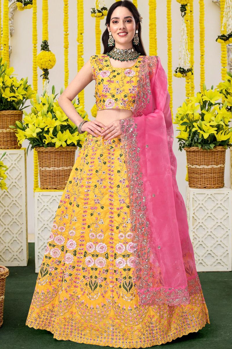 Satin Silk Enticing Embroidered Haldi Special Lehenga In Yellow Color