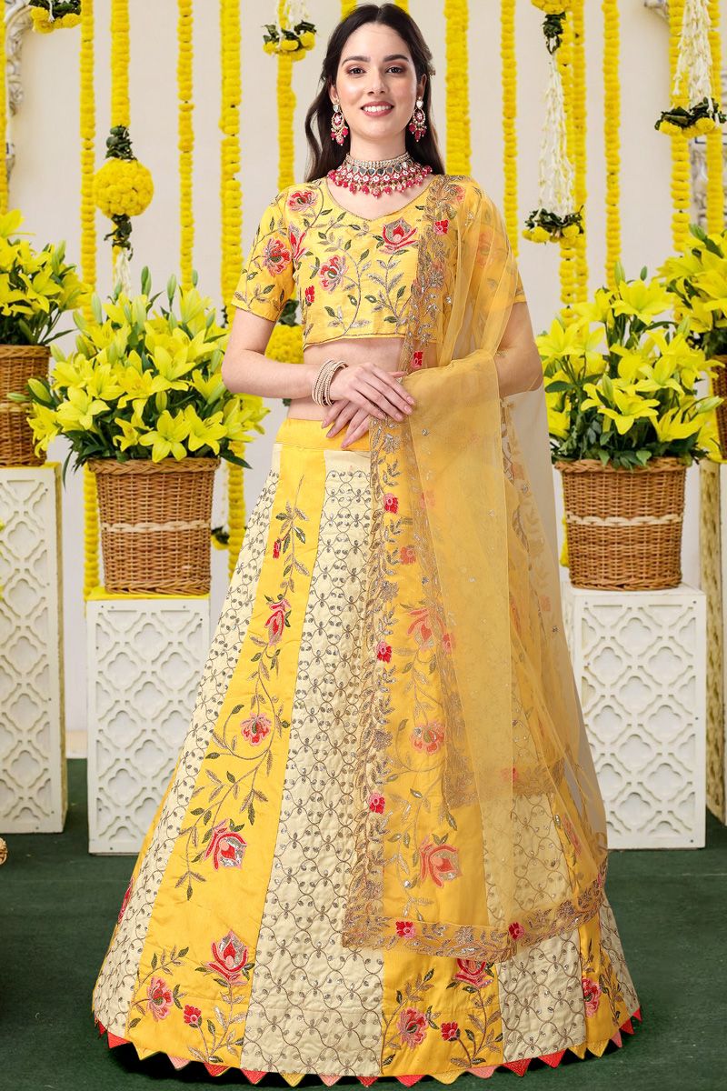 Glittering Yellow Embroidered Haldi Special Lehenga In Satin Silk Fabric