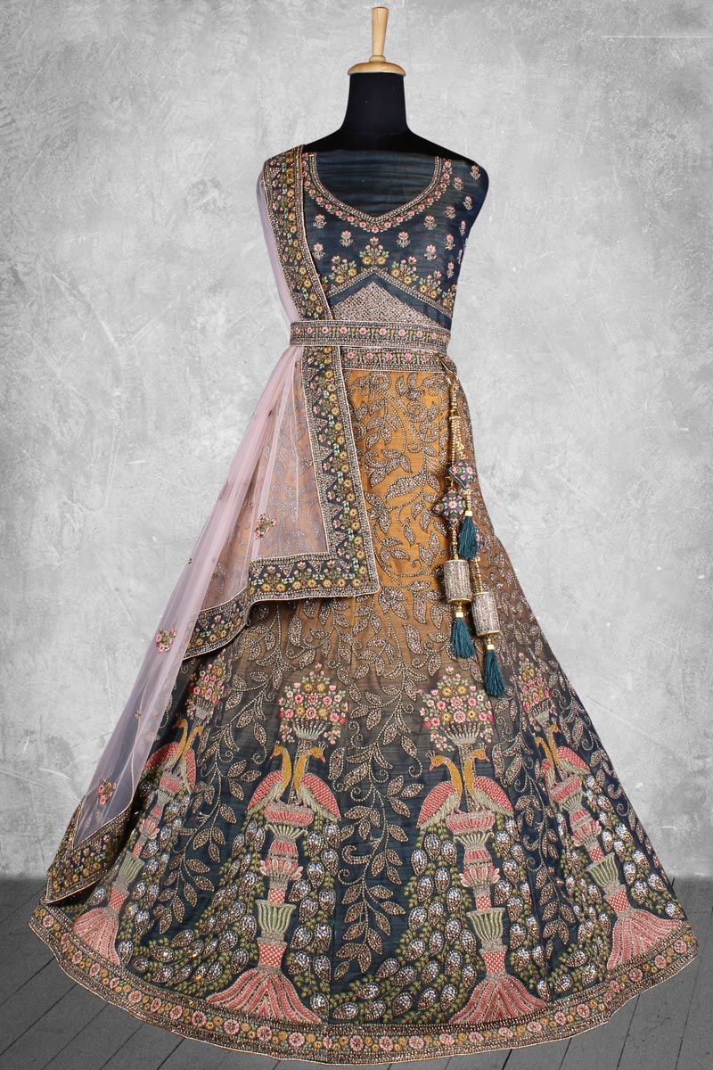 Art Silk Wedding Look Superior Bridal Lehenga In Teal Color