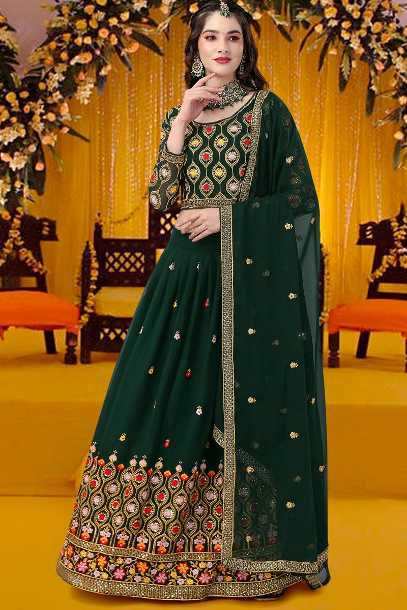 Green Vintage Mehendi Function Georgette Lehenga