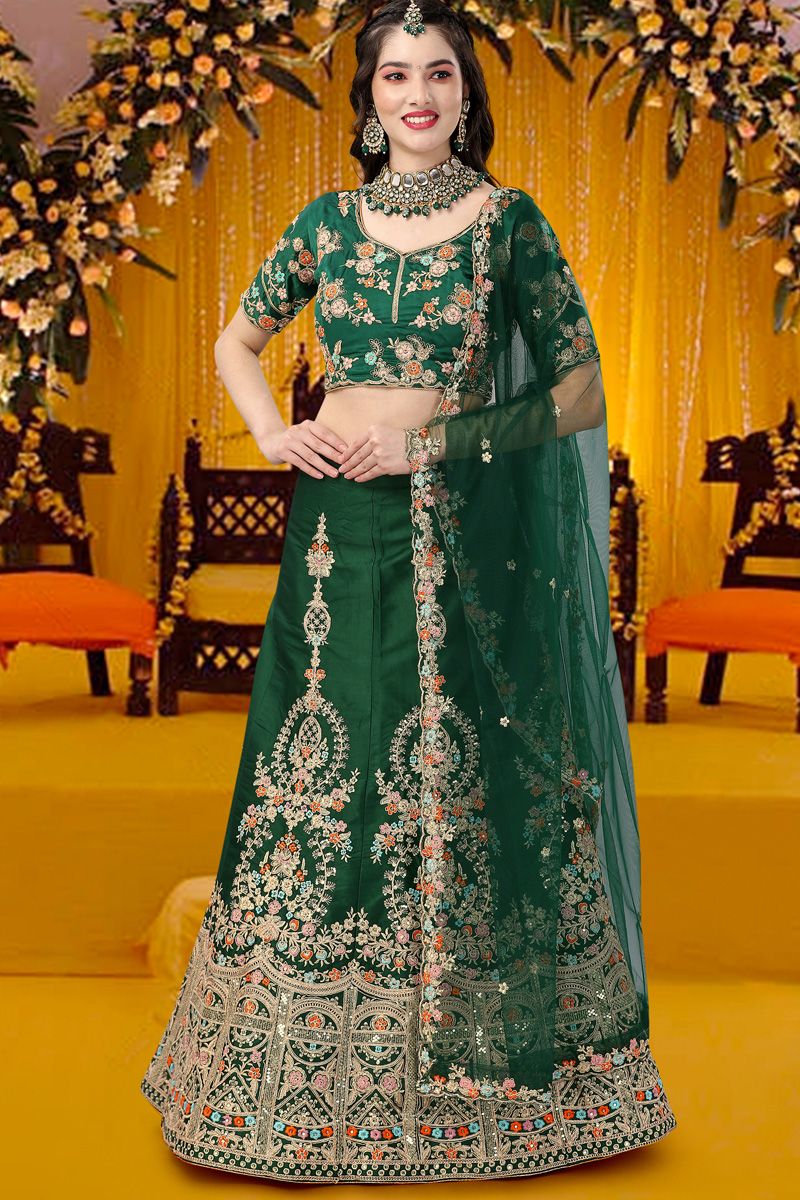 Green Stunning Mehendi Function Satin Silk Lehenga