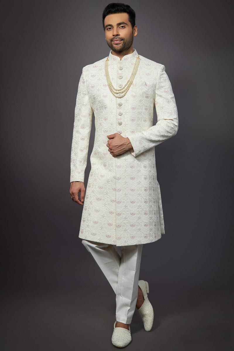 Silk Fabric Off White Color Wedding Wear Readymade Men Stylish Indo Western