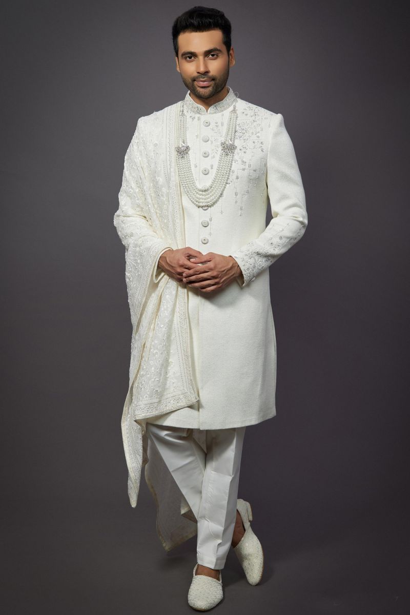 White Gorgeous Silk Fabric Wedding Wear Readymade Groom Sherwani For Men