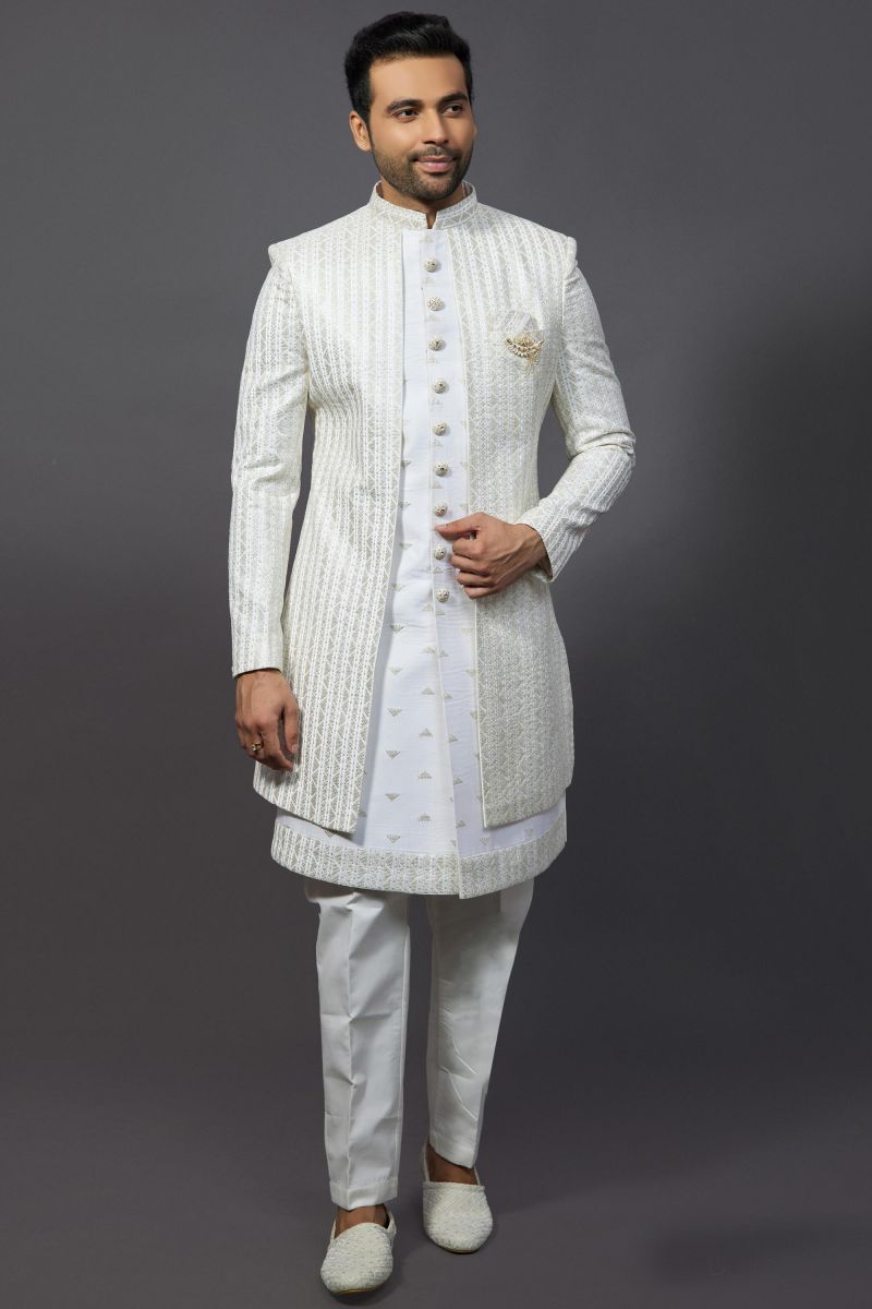 Pretty Silk Fabric Wedding Wear Readymade Men Indo Western In Off White Color