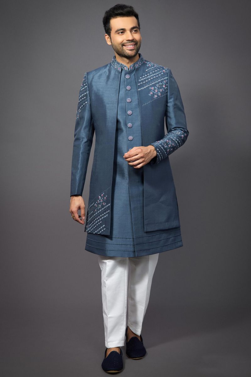 Silk Wedding Wear Attractive Readymade Men Indo Western In Blue Color