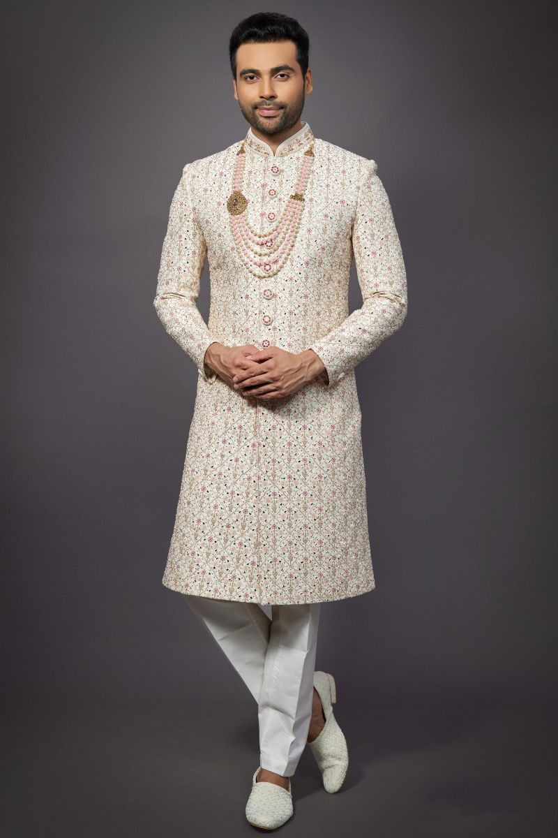 Beige Wedding Wear Readymade Glamorous Indo Western For Men In Silk Fabric