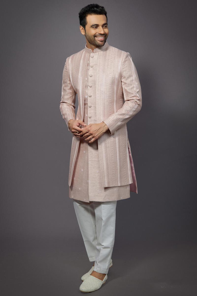 Peach Silk Fabric Graceful Readymade Men Indo Western For Wedding Wear