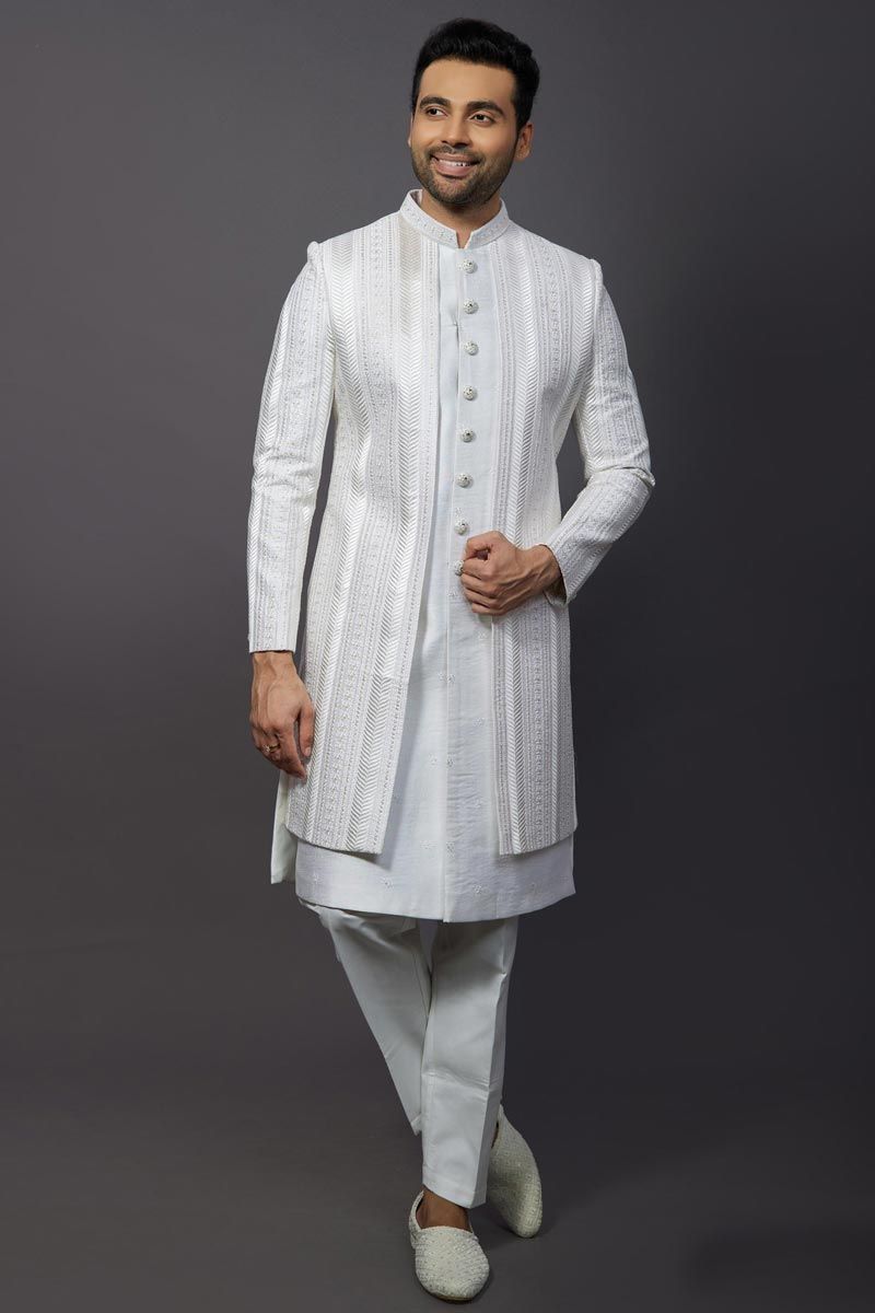 Off White Silk Fabric Magnificent Readymade Men Indo Western For Wedding Wear