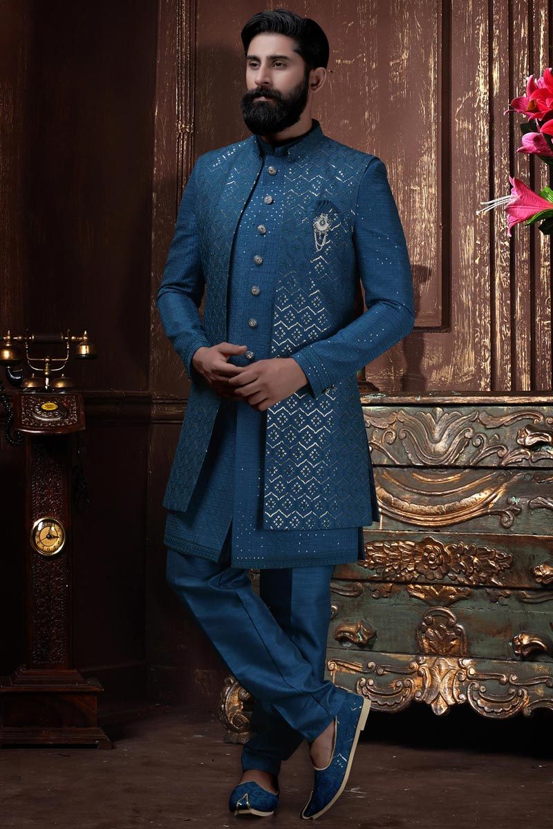 Silk Blue Magnificent Readymade Men Indo Western For Wedding Wear