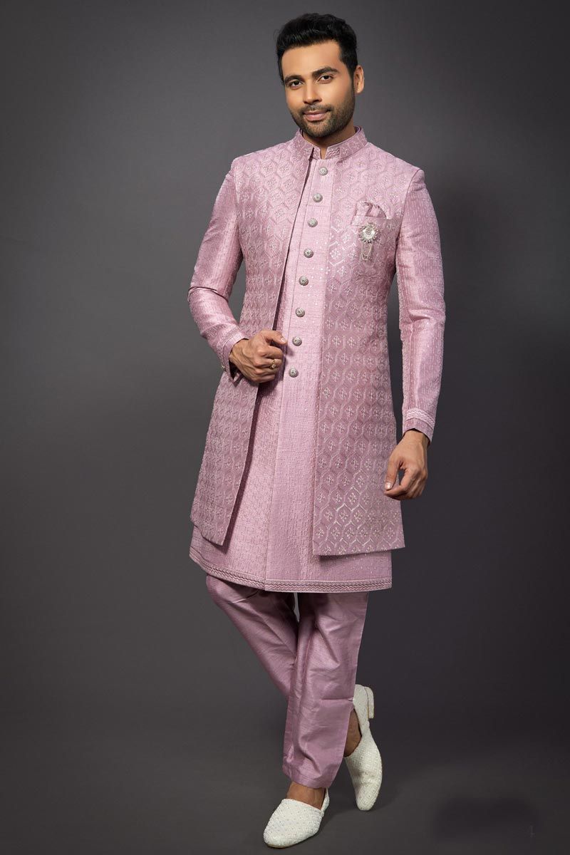 Pink Color Silk Fabric Wedding Wear Designer Readymade Indo Western For Men