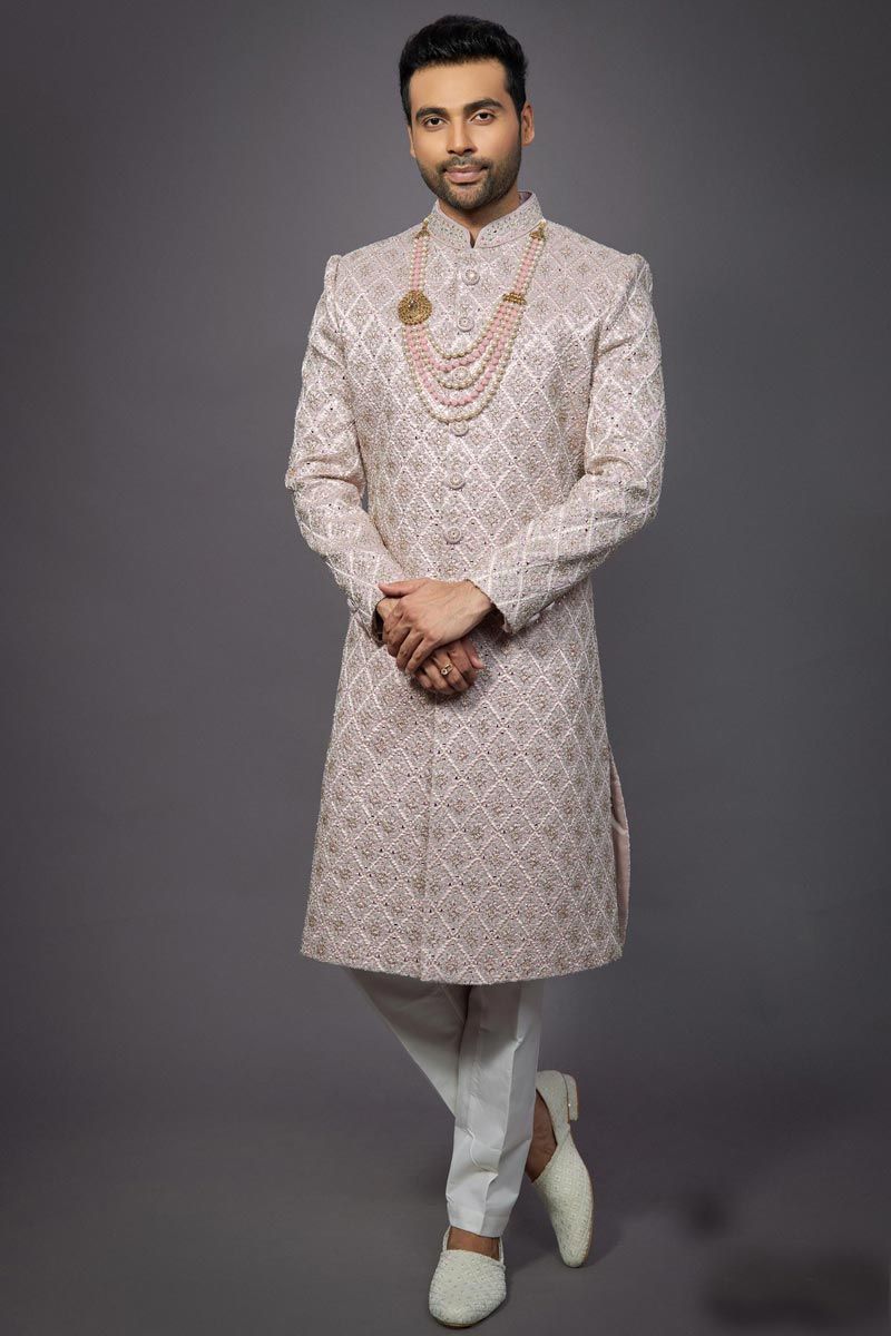 Silk Fabric Light Pink Color Wedding Wear Designer Readymade Indo Western For Men