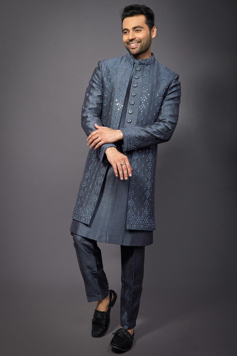 Grey Color Wedding Wear Silk Fabric Designer Readymade Indo Western For Men