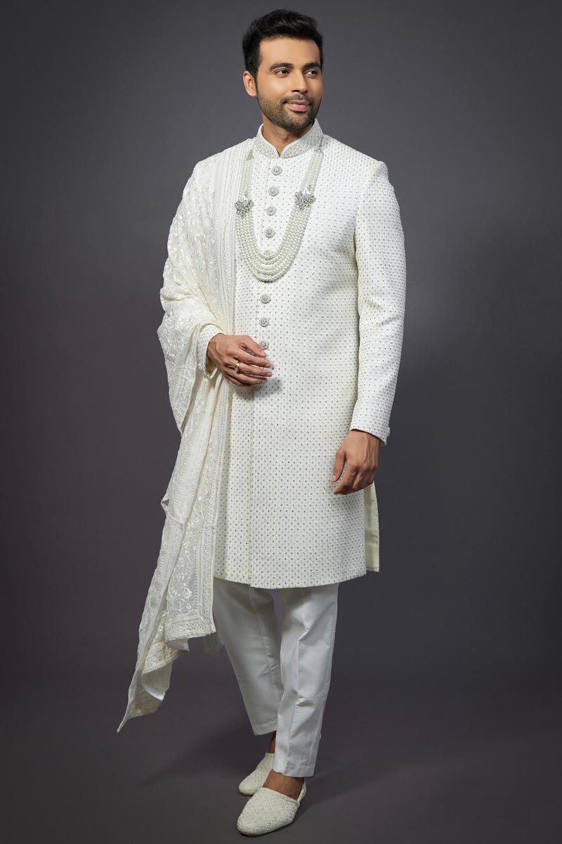 White Color Wedding Wear Silk Fabric Designer Readymade Groom Sherwani For Men