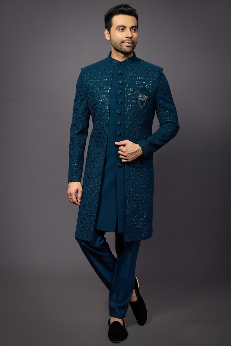 Wedding Wear Silk Fabric Designer Readymade Indo Western For Men In Teal Color