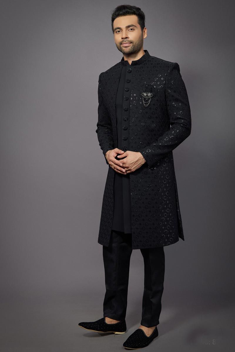 Silk Fabric Designer Wedding Wear Readymade Indo Western For Men In Black Color