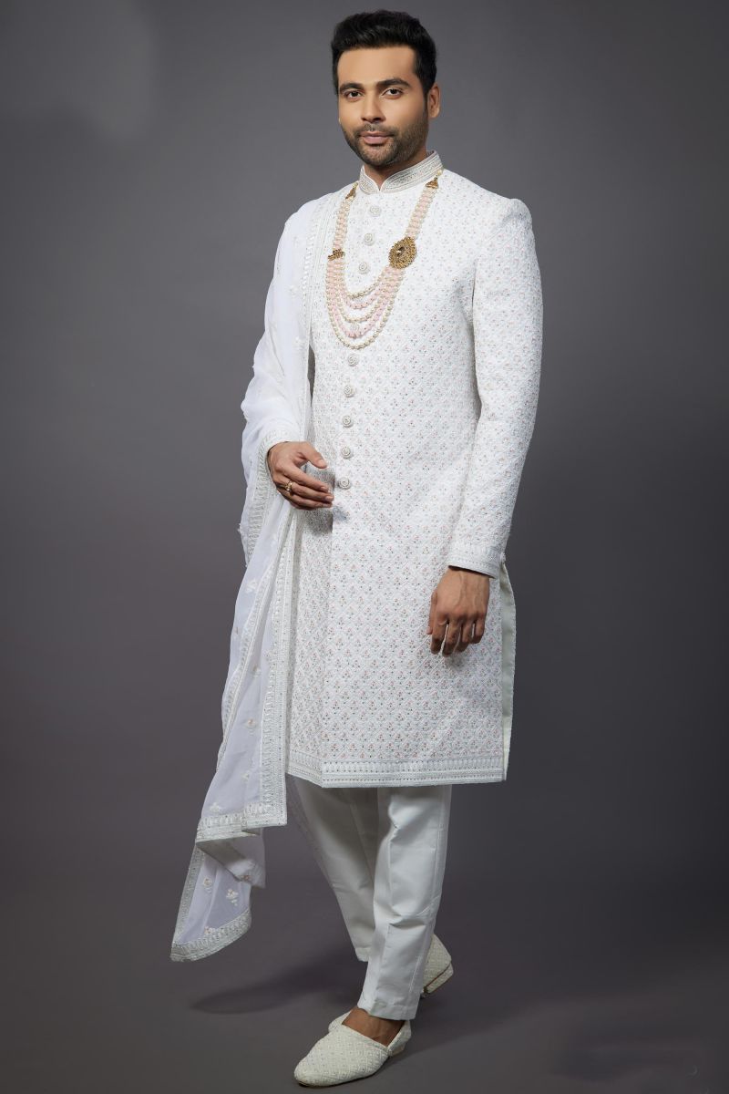 White Color Designer Silk Fabric Wedding Wear Readymade Groom Sherwani For Men