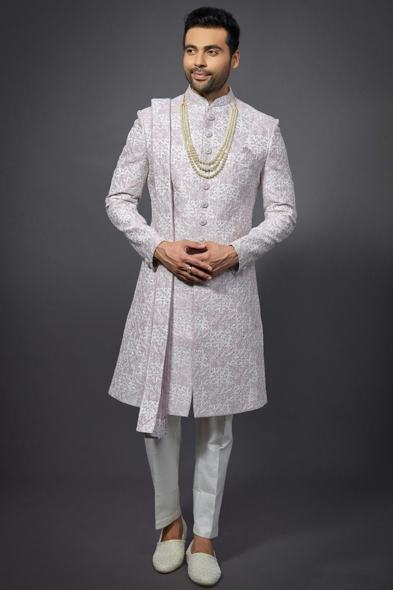 Lavender Color Wedding Wear Silk Fabric Readymade Stylish Groom Sherwani For Men