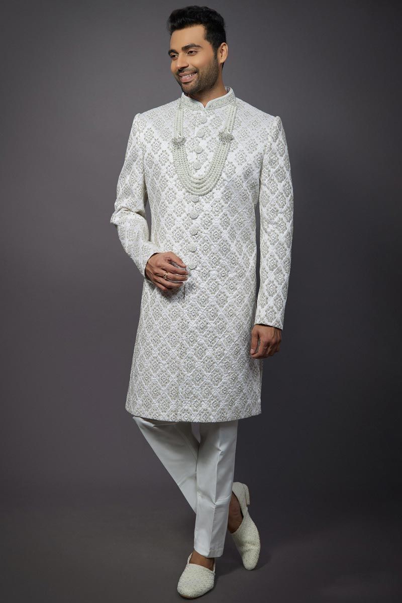 Beautiful White Color Wedding Wear Readymade Indo Western For Men In Silk Fabric