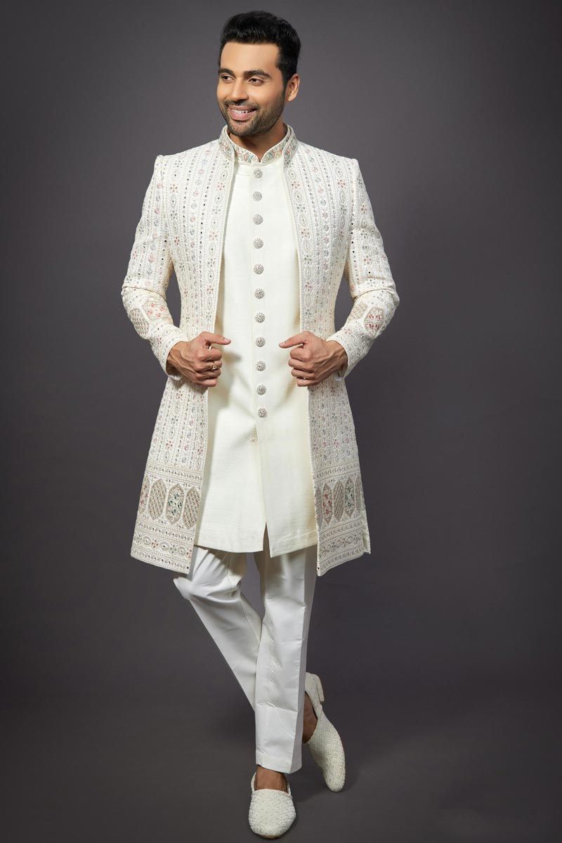Beige Color Wedding Wear Silk Fabric Designer Readymade Indo Western For Men