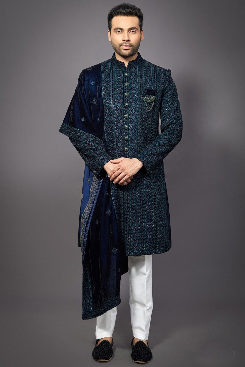 Teal Color Silk Fabric Wedding Wear Readymade Groom Sherwani For Men