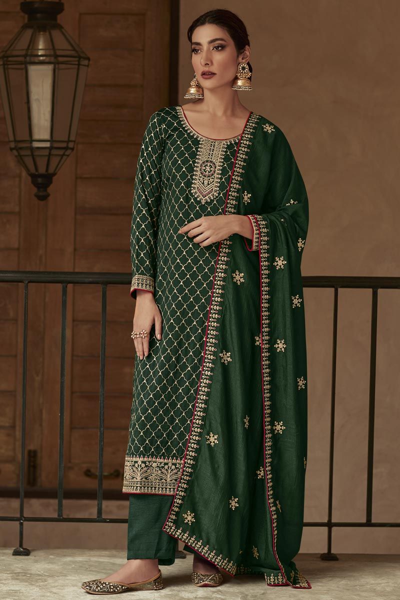 Intricate Function Wear Art Silk Salwar Suit In Green Color