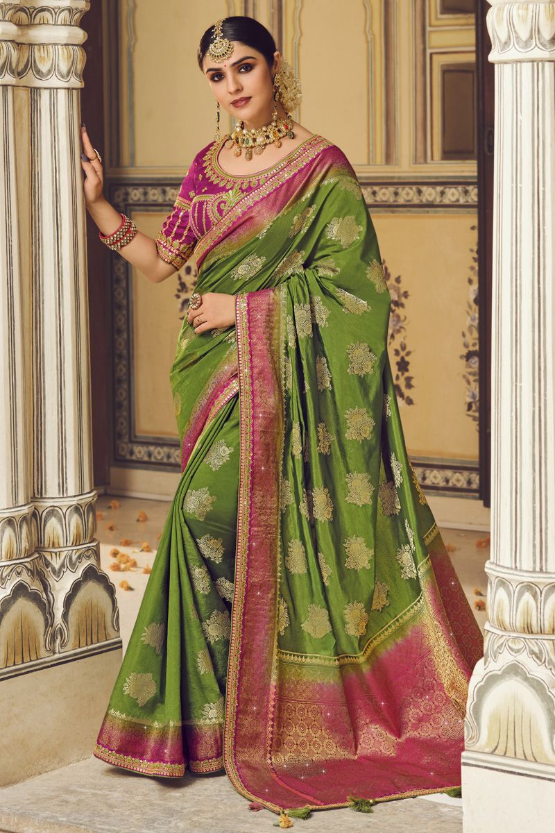 Green Color Banarasi Silk Saree With Designer Blouse