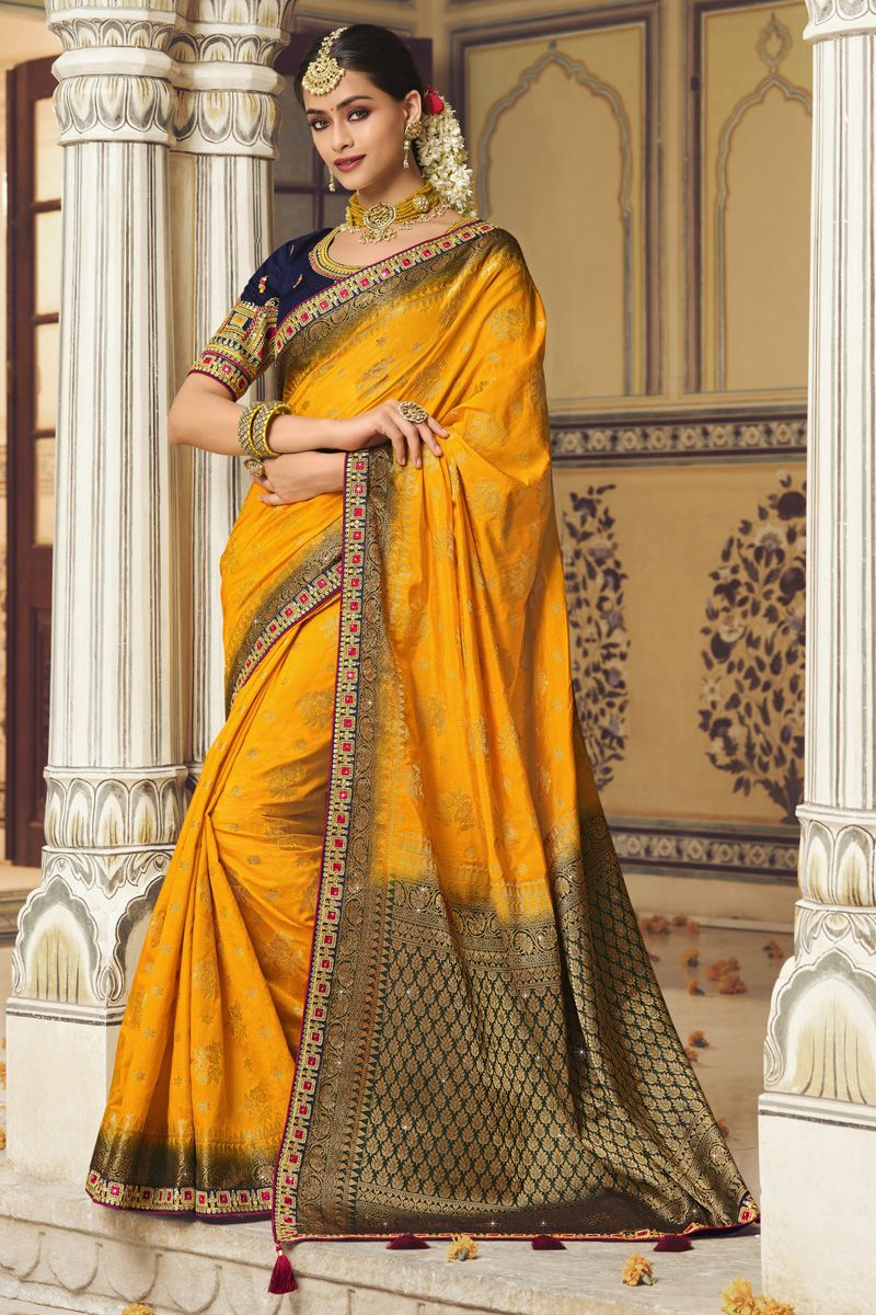 Yellow Banarasi Silk Saree With Designer Blouse