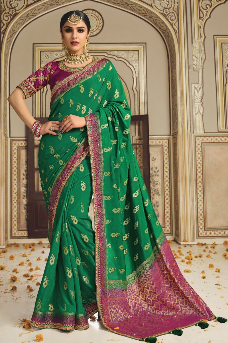 Green Color Banarasi Silk Fabric Saree With Designer Blouse